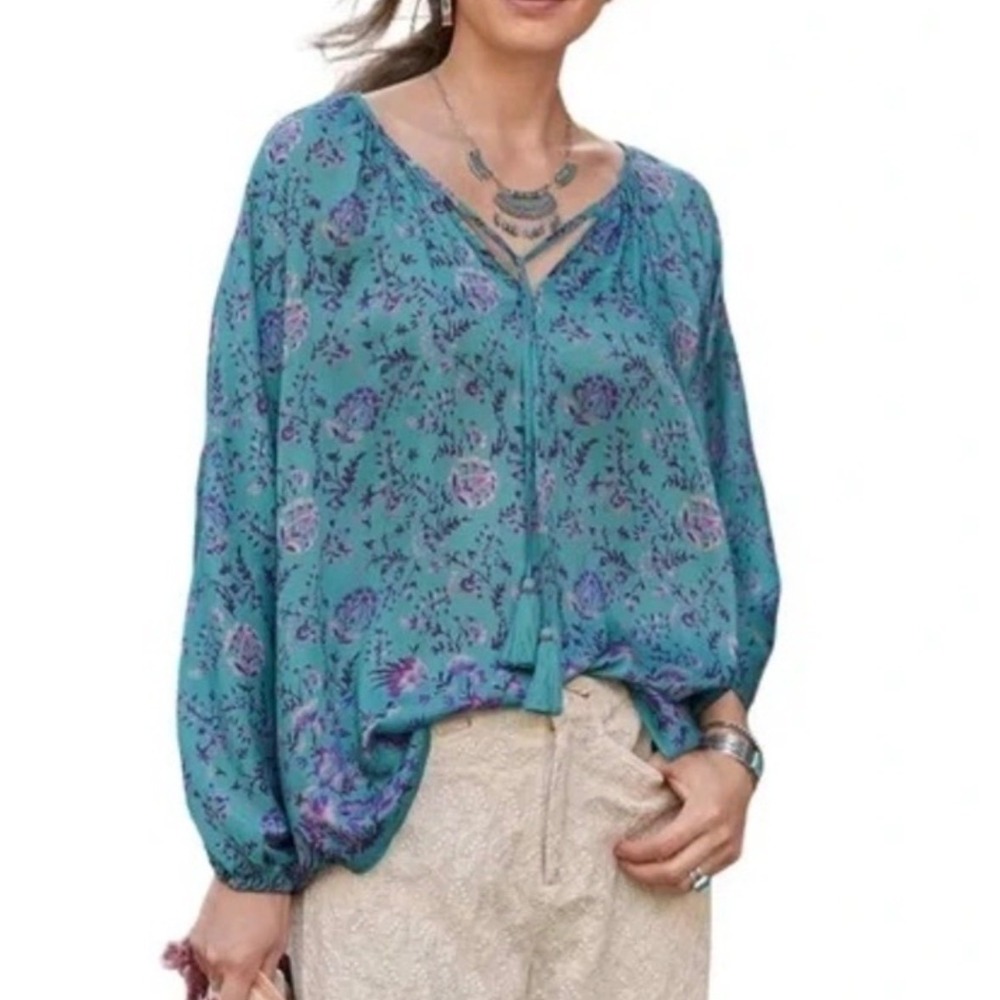 Sundance Teal Floral Silk Blend Tassel Boho Blouse XXL Womens Raglan Top Fall